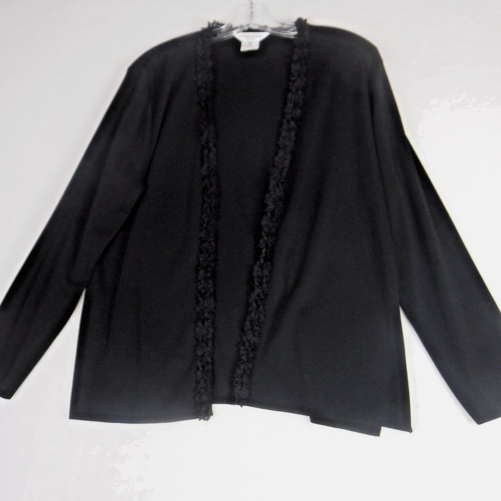 Misook Women M Petite Black Stretch Knit Open‎ Front Cardigan Sweater Lace Trim